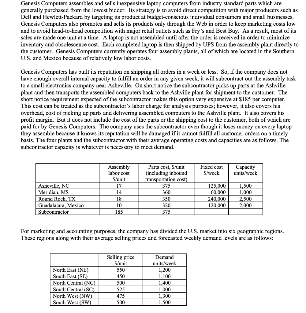  Genesis Computers assembles and sells inexpensive laptop computers from industry standard