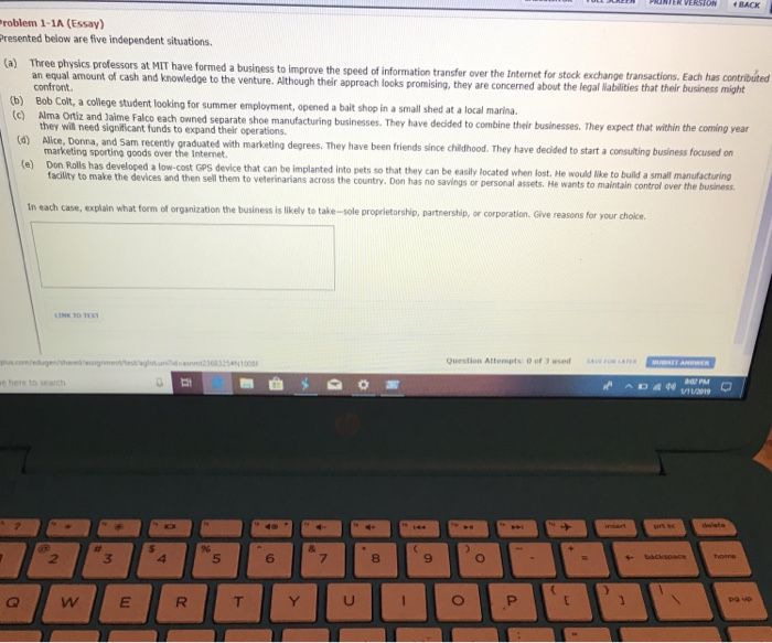  PRINIER VERSON BACK Problem 1-1A (Essay) Presented below are five independent