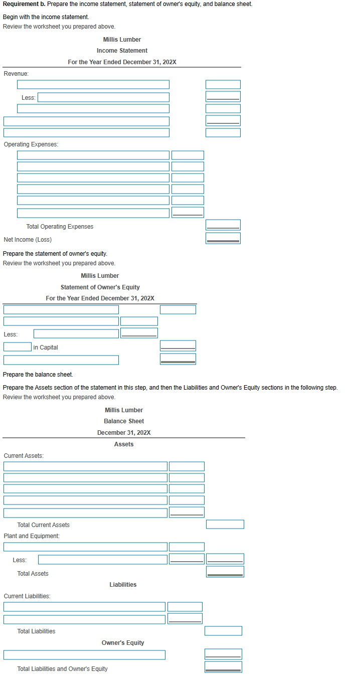 statement, statement of owner's equity, and balance sheet. Millis Lumber Worksheet For