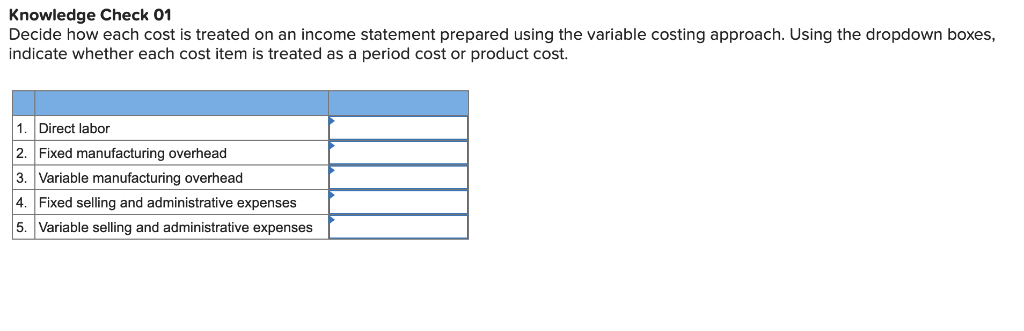 Knowledge Check 01 Decide how each cost is treated on an income