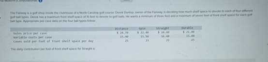  \table[[,Distance:,Sple,Straight,Durable],[sales peice per cave,5.24.20,522.40,5.24,40,511.43],[variable conts per case,15.60,35.50,16.40,15,40],[cases sold per foot of