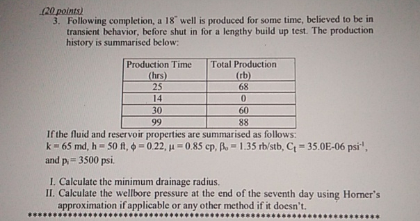  (20 points) 3. Following completion, a 18-1 well is produced for