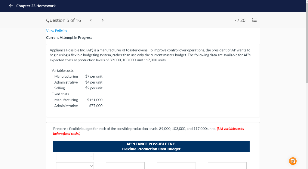 POSSIBLE INC. Flexible Production Cost Budget $ $ $ e Textbook and