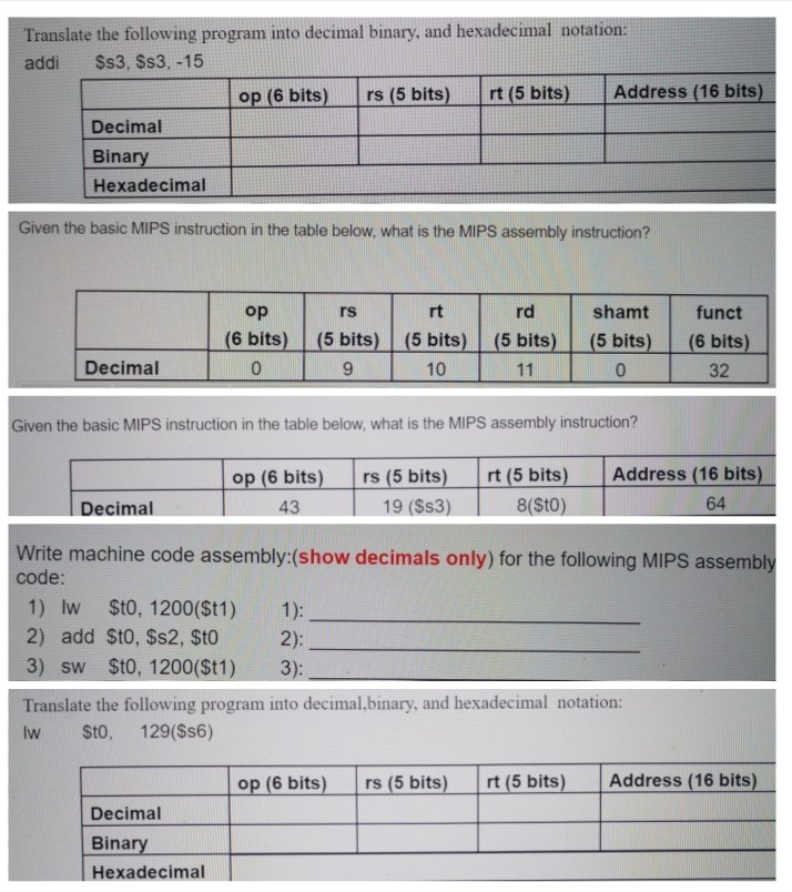 Translate the following program into decimal binary, and hexadecimal notation: addi