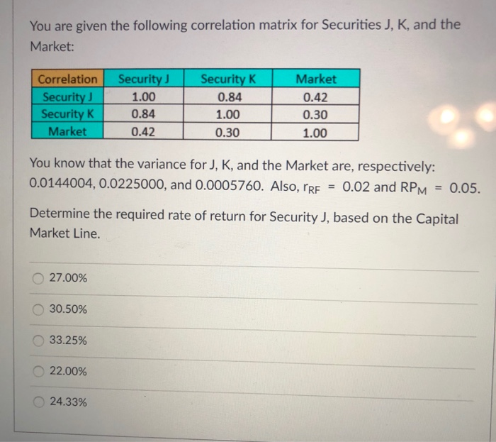  You are given the following correlation matrix for Securities J, K,