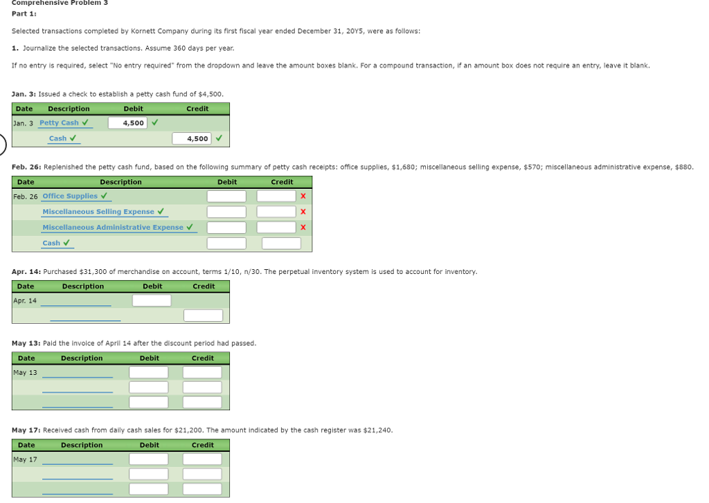  Comprehensive Problem 3 Part 1: Selected transactions completed by Kornett Company