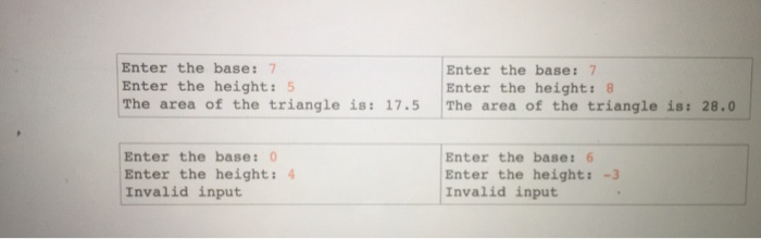 Your program will calculate the area of a triangle using integers. The