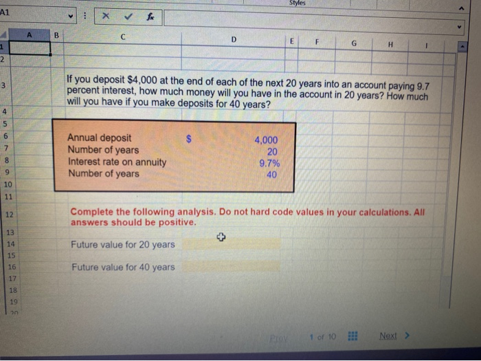 use excell formula Styles A A1 fo B D E F G