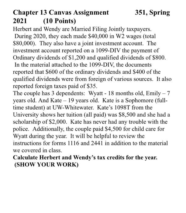  Chapter 13 Canvas Assignment 351, Spring 2021 (10 Points) Herbert and