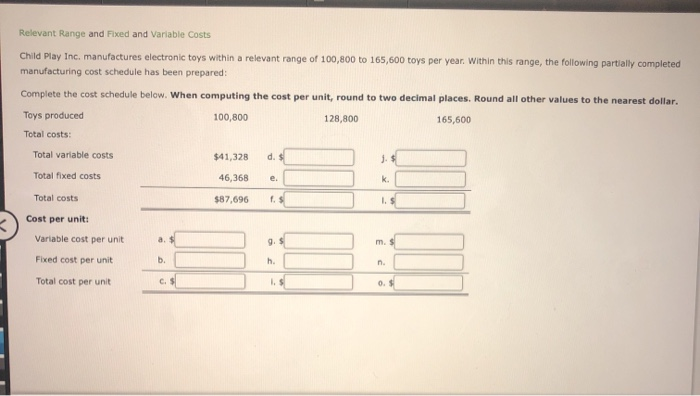  Relevant Range and Fixed and Variable costs Child Play Inc. manufactures