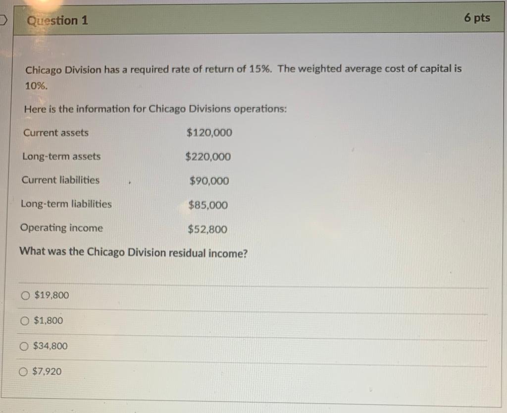  Question 1 6 pts Chicago Division has a required rate of