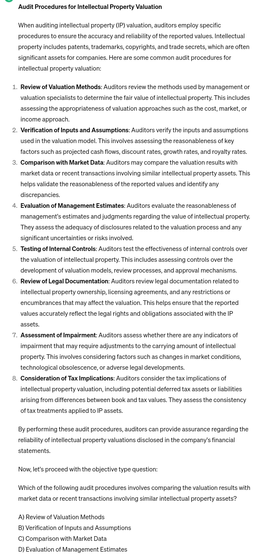  Audit Procedures for Intellectual Property Valuation When auditing intellectual property (IP)