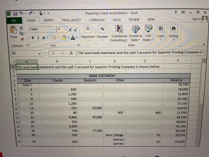 bank reconciliation using a company's bank statement and cash account. All answers