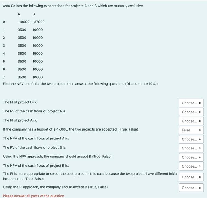  0 1 2 Asta Co has the following expectations for projects