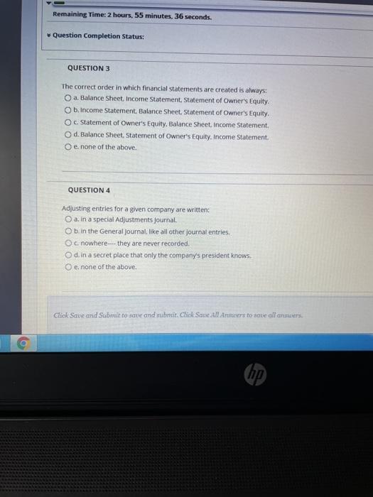  Remaining Time: 2 hours, 55 minutes, 36 seconds. Question Completion Status: