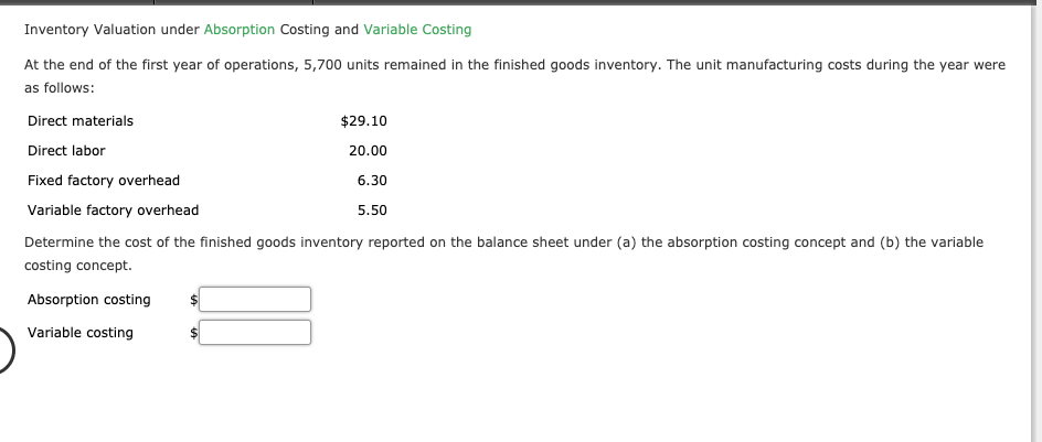  Inventory Valuation under Absorption Costing and Variable Costing At the end