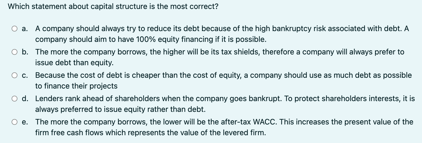 Which statement about capital structure is the most correct? O a.