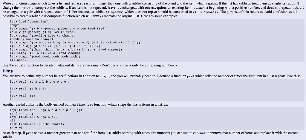 Lisp programming assignment a sublist consisting of the count and the item