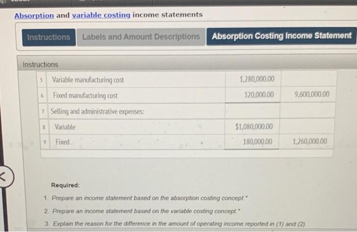 1 instruction Label and Amount Descriptions Absorption Costing Income Statement Instructions During