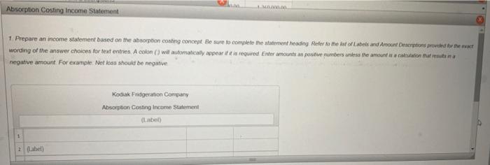 and variable costing income statements Instructions Labels and Amount Descriptions Absorption Costing