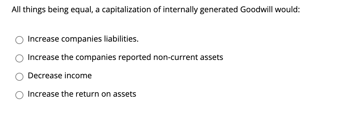  All things being equal, a capitalization of internally generated Goodwill would:
