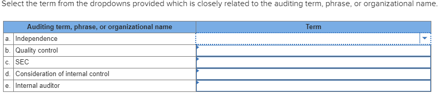  Select the term from the dropdowns provided which is closely related