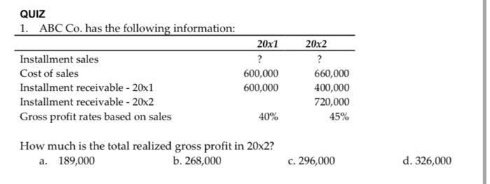  QUIZ 1. ABCCC. has the following information