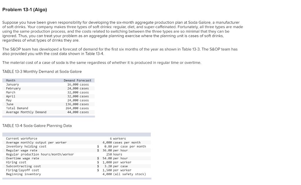  Problem 13-1 (Algo) Suppose you have been given responsibility for developing
