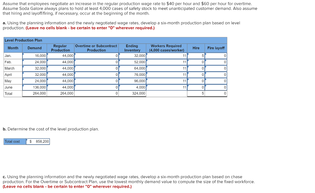the six-month aggregate production plan at Soda Galore, a manufacturer of soft