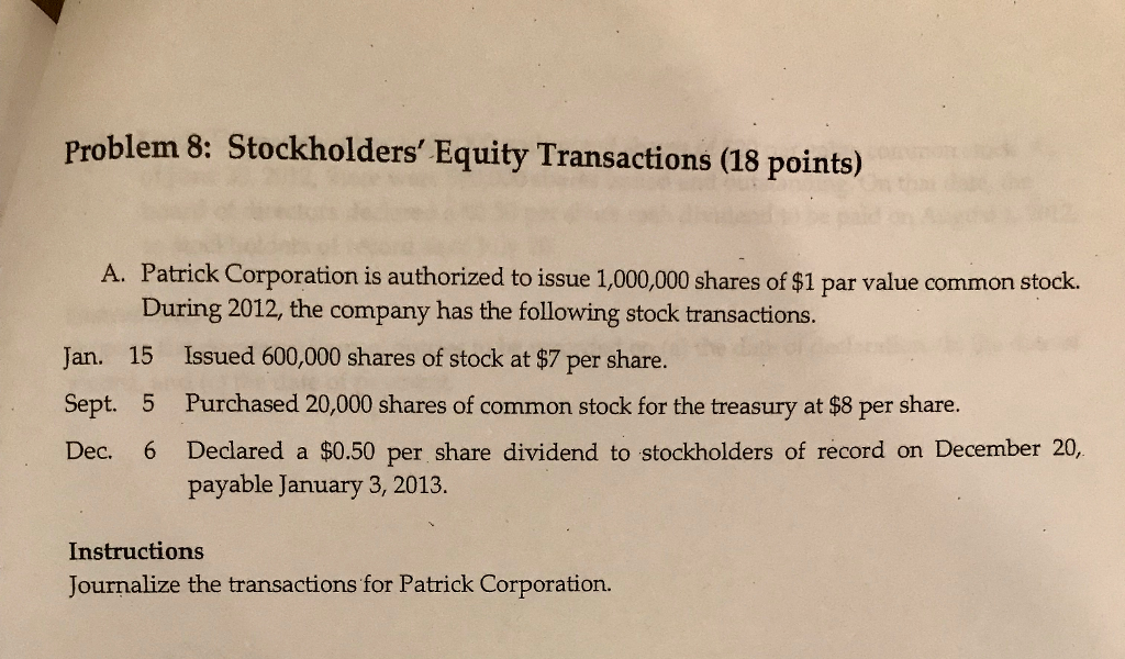  Problem 8: Stockholders' Equity Transactions (18 points) A. Patrick Corporation is