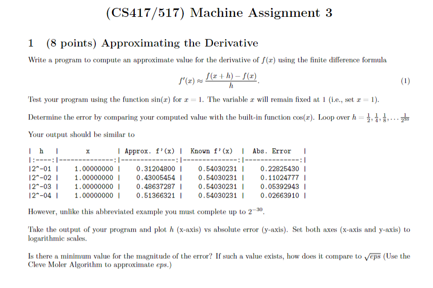 (CS417/517) Machine Assignment 3 1 (8 points) Approximating the Derivative Write