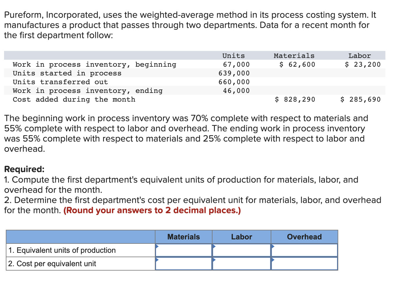  Pureform, Incorporated, uses the weighted-average method in its process costing system.