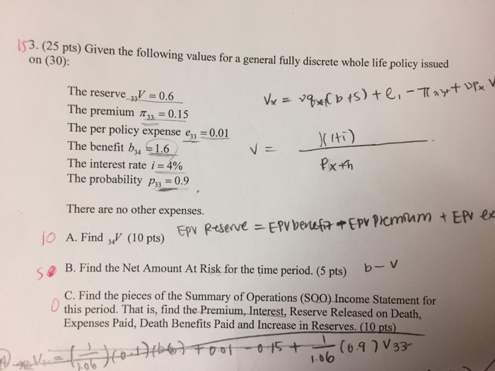  Given the following values for a general fully discrete whole life
