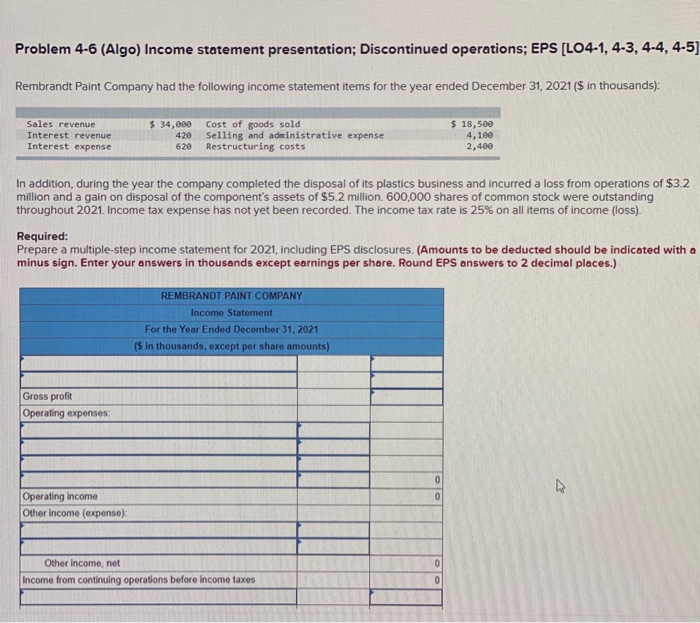  Problem 4-6 (Algo) Income statement presentation; Discontinued operations; EPS [LO4-1, 4-3,