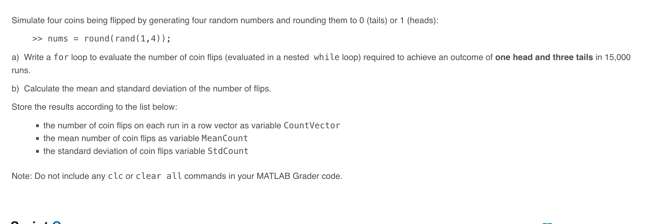  Assessment: CountVector MeanCount StdCountSimulate four coins being flipped by generating four