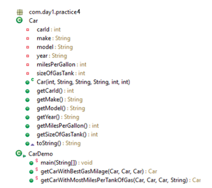 method will be called getCarWithMostMilesPerTankOfGas and it will take the three Car