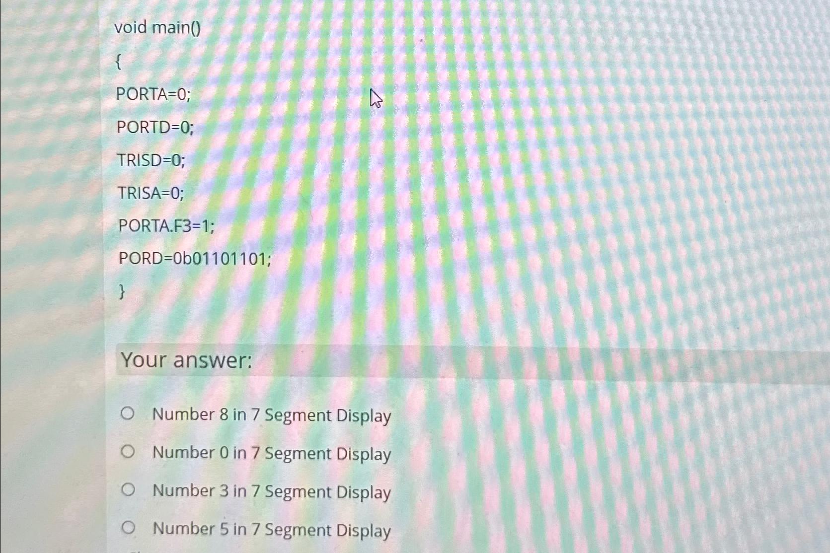  void main() { PORTA =0; PORTD =0; TRISD =0; TRISA=0; PORTA.F3=1;