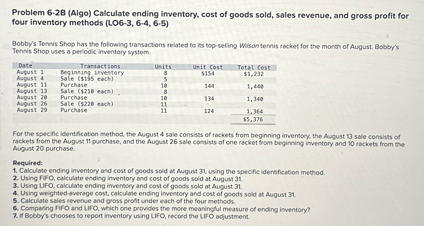  Problem 6-2B (Algo) Calculate ending inventory, cost of goods sold, sales