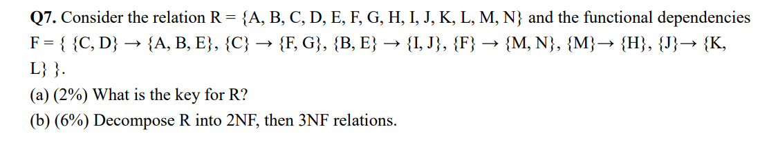  Q7. Consider the relation R={A,B,C,D,E,F,G,H,I,J,K,L,M,N} and the functional dependencies F ={{C,