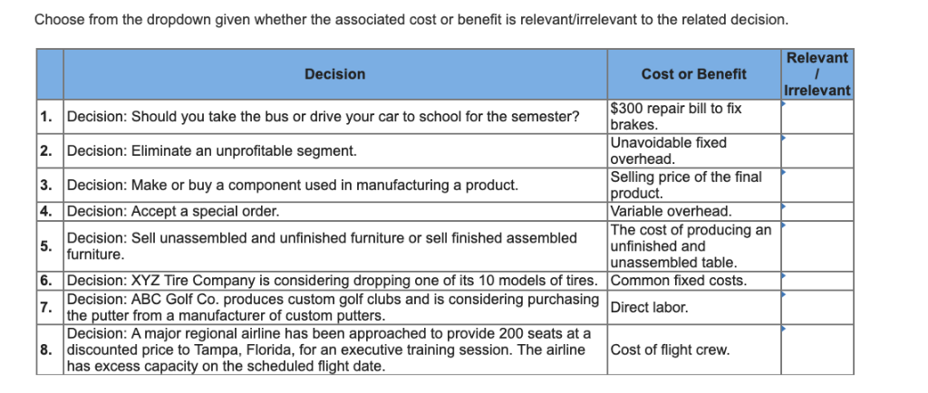  Choose from the dropdown given whether the associated cost or benefit