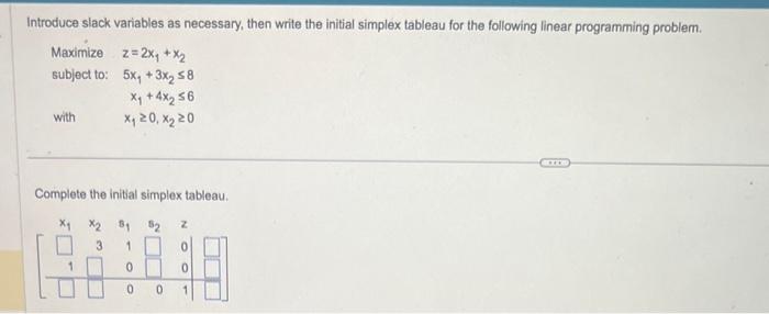  Introduce slack variables as necessary, then write the initial simplex tableau
