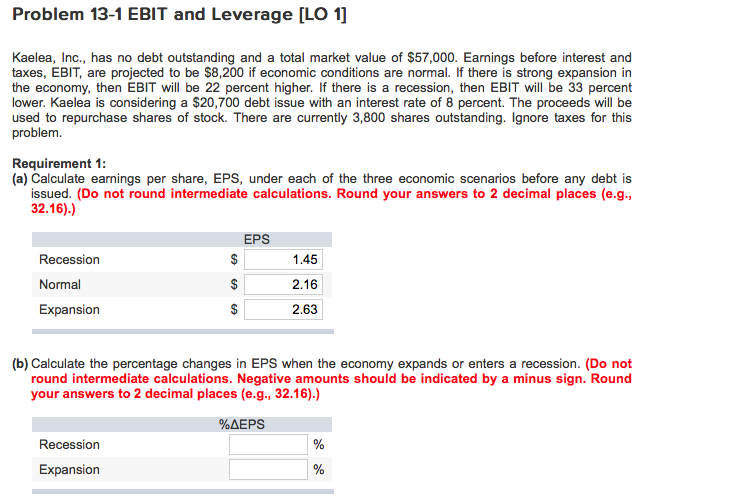 Plesae help me find the missing blank solutions. Problem 13-1 EBIT and