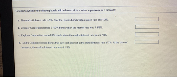  Determine whether the following bonds will be issued at face value,