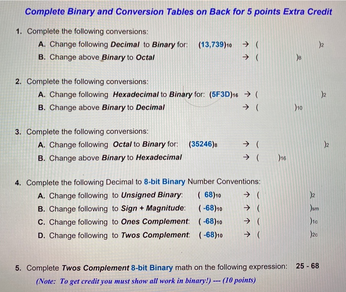  Complete Binary and Conversion Tables on Back for 5 points Extra