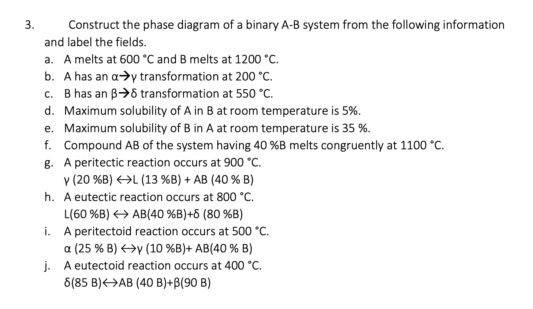  Construct the phase diagram of a binary A-B system from the