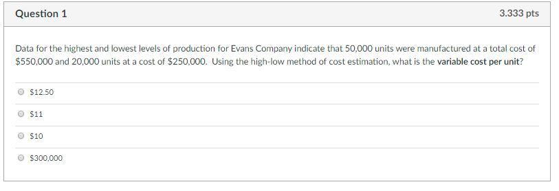  Question 1 3.333 pts Data for the highest and lowest levels