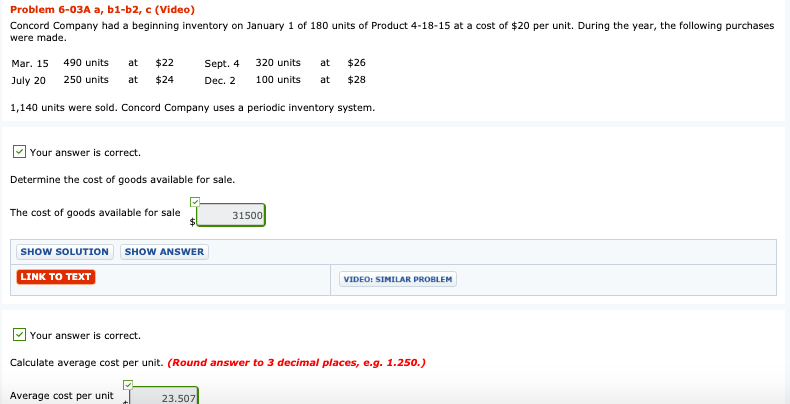  Problem 6-03A a, b1-b2, (Video) Concord Company had a beginning inventory