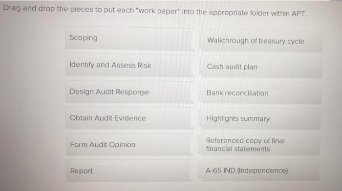 drag and drop the pieces to put each "work paper" into the