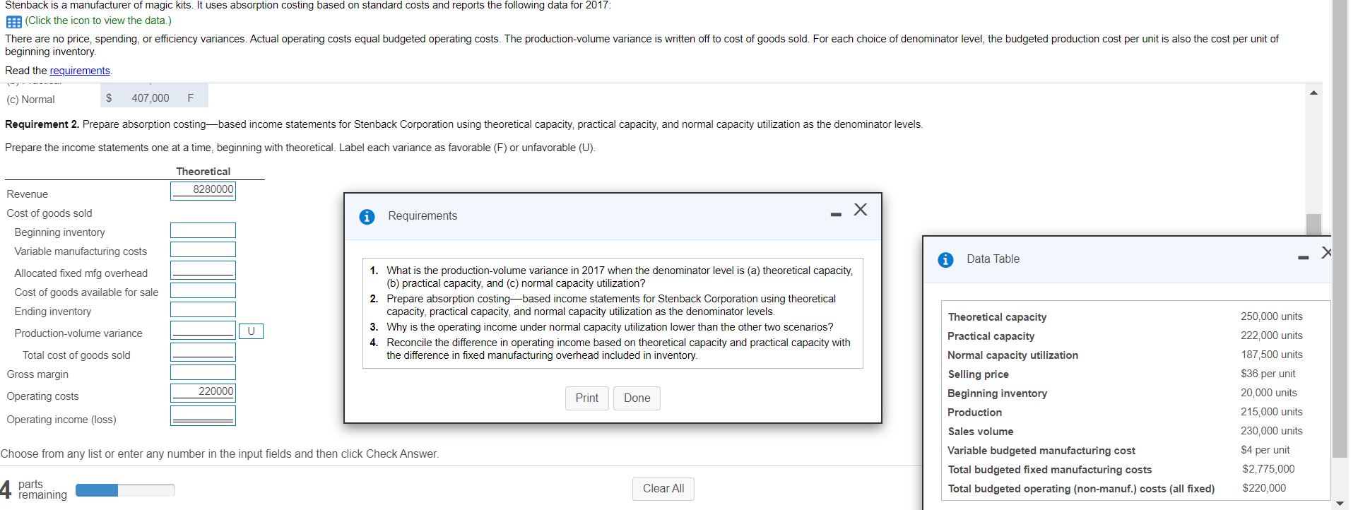 kits. It uses absorption costing based on standard costs and reports the