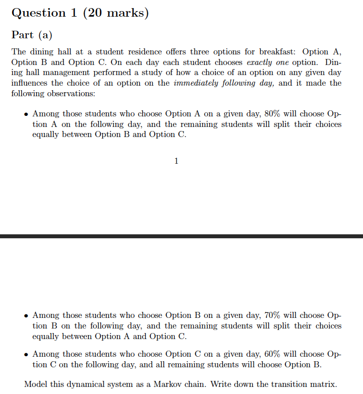  Write the matlab code Question 1 (20 marks) Part (a) The